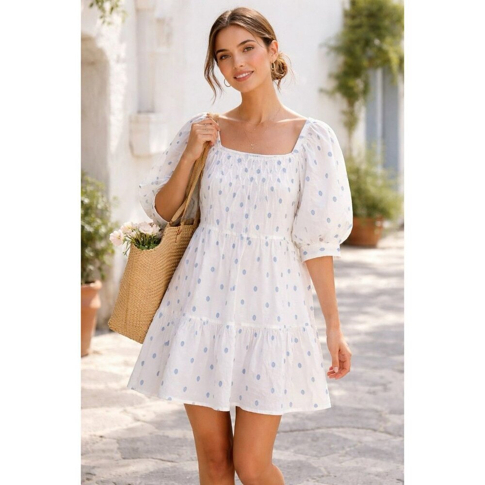 NEXT White Blue Polka Dot Cotton Babydoll Dress Puff Sleeve Cottagecore Size 8